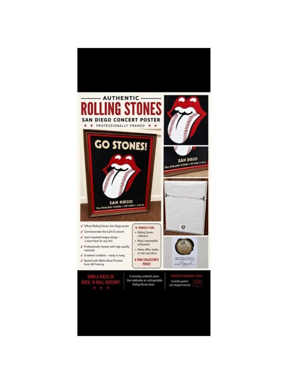 Rolling Stones Zip Code Tour Poster San Diego Rare! 2015 Prof. Framed Baseball